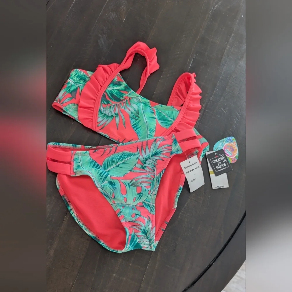 Macy's Coral and Green Ruffle Tropical Two-Piece Swim Set